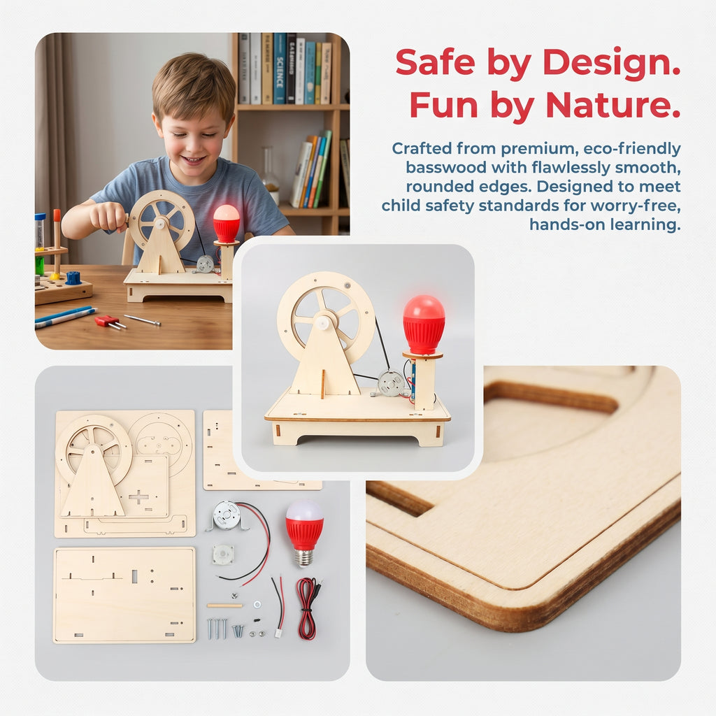 Wooden DIY Hand Crank Generator Light Bulb Kit | Safe Natural Wood STEM Toy | Hand-Assembled Educational Building Set