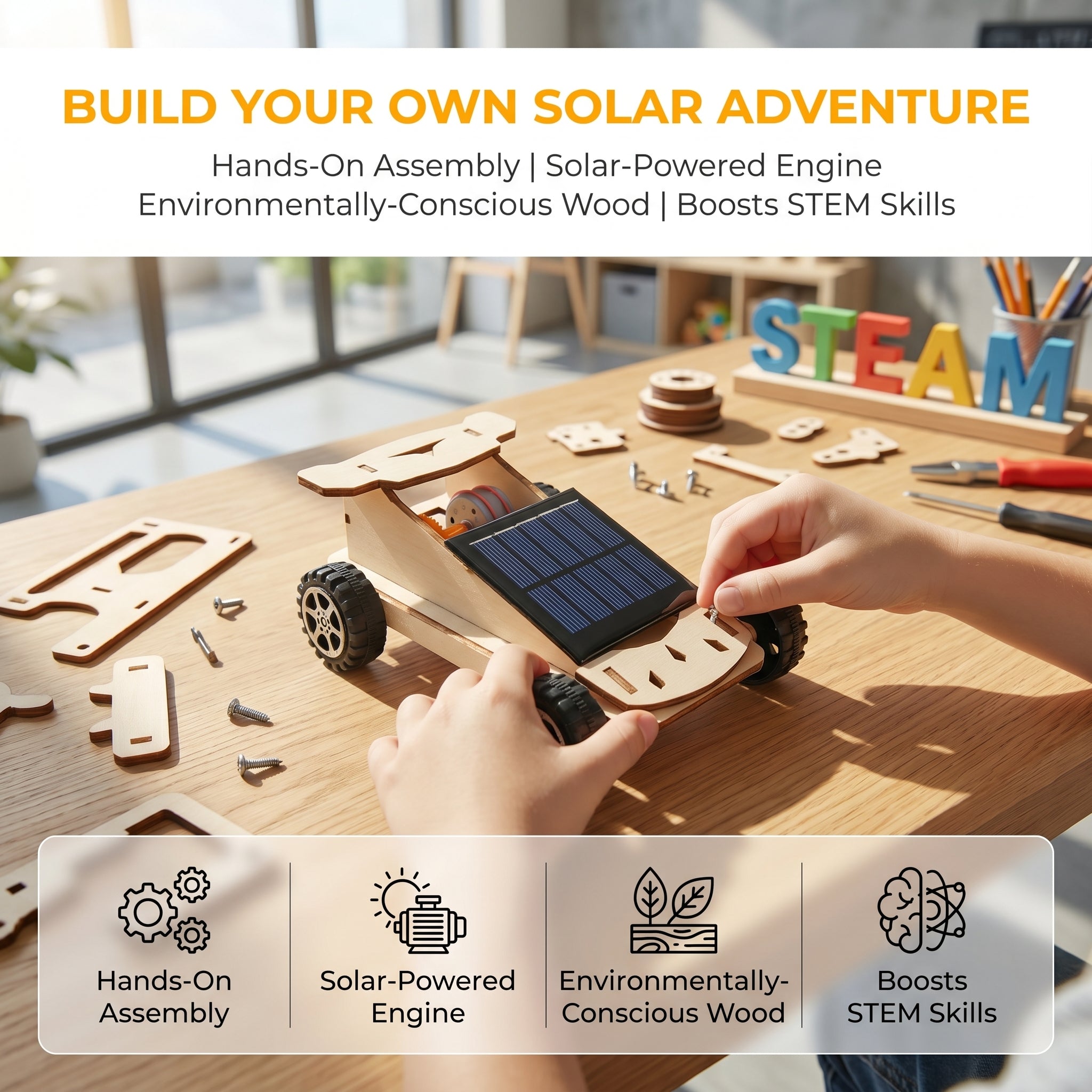 DIY Wooden Solar Race Car Kit | Hand-Assembled STEM Toy | Safe Smooth Natural Wood | Boost Kids' Hands-On Ability & Brain Thinking