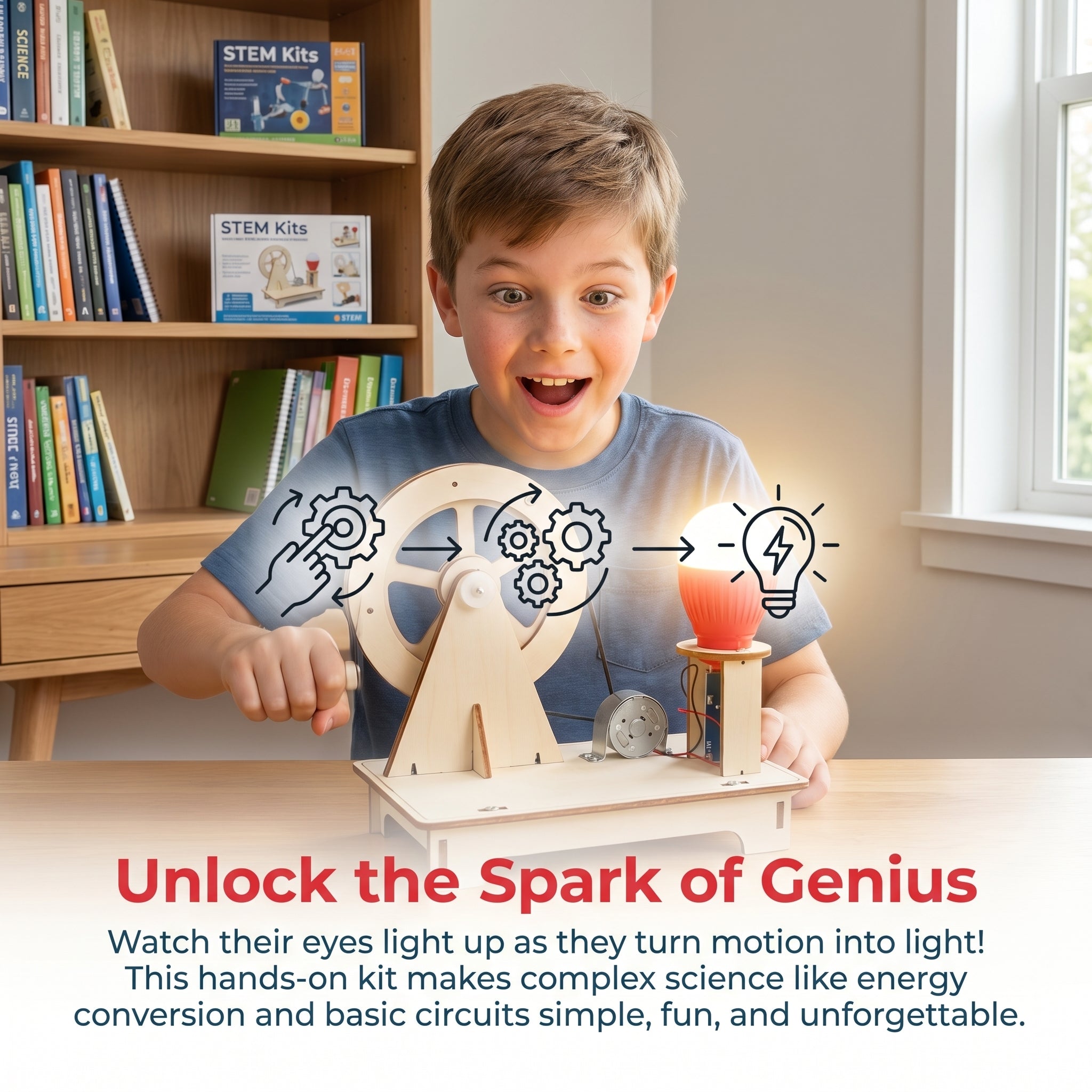 Wooden DIY Hand Crank Generator Light Bulb Kit | Safe Natural Wood STEM Toy | Hand-Assembled Educational Building Set