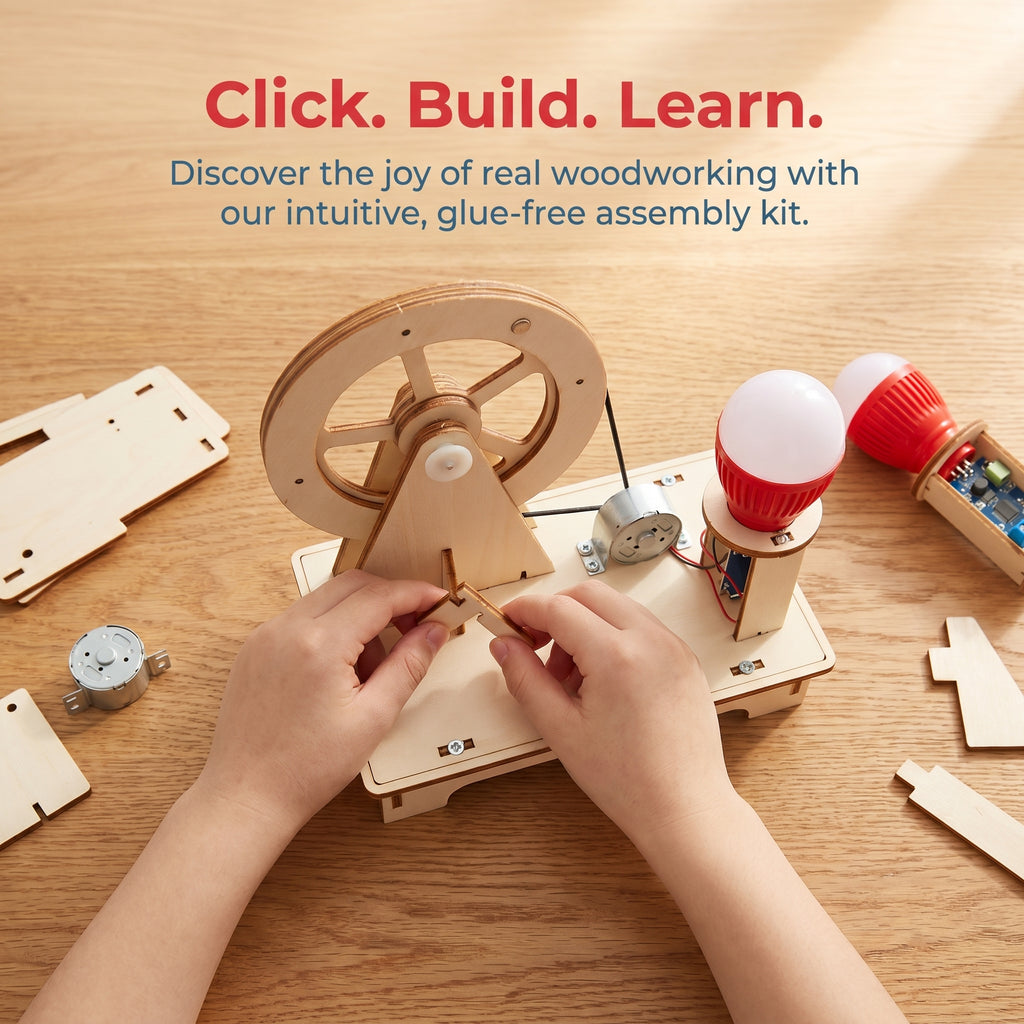 Wooden DIY Hand Crank Generator Light Bulb Kit | Safe Natural Wood STEM Toy | Hand-Assembled Educational Building Set
