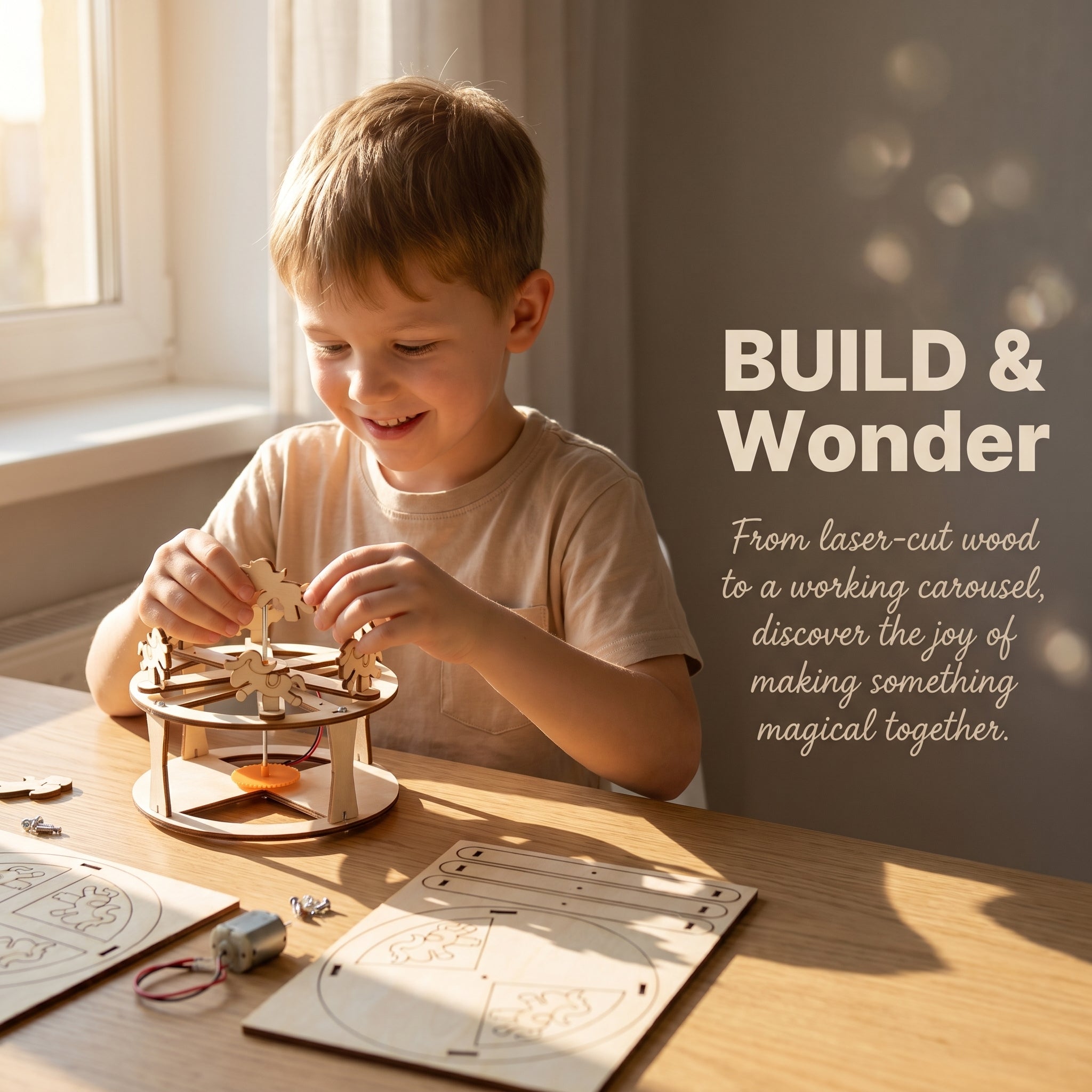 DIY Wooden Carousel Kit | Hand-Assembled | Safe Smooth Material | Kids STEM Educational Toy